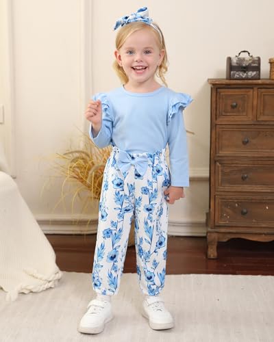 SANMIO Toddler Girl Clothes Outfits Cute Ruffle Sleeve Shirt Floral Pant+Headband 3Pcs Baby Girl Clothing Set 1-6T2