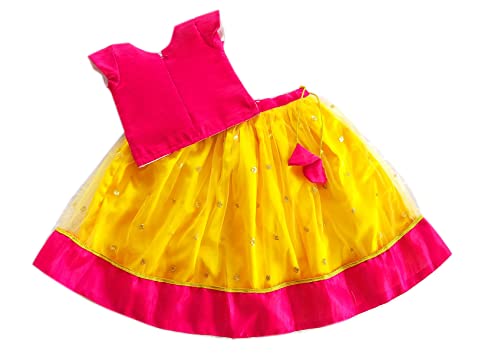 Image of Stanwells Kids Girls Yellow & Pink Combo Lehenga Choli Set | Flared Readymade Dress with Sequins Embroidery | Traditional South Indian Outfit