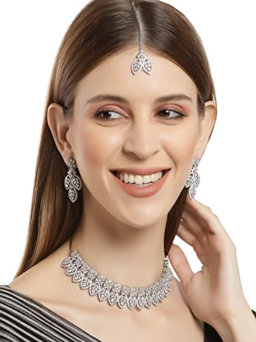 Karatcart Silver Tone Leaf Shape American Diamond Studded Necklace Set for Women - Image 3