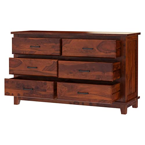 Image of Sheesham Wood Chest of Drawers 6 Drawers Wooden Dresser with Storage Organizer for Bedroom Living Room Home (Honey Finish)