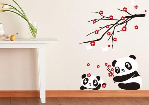 NLC Two Cute Baby Panda Wall Sticker Home Decoration-Panda and Cherry Blossom Tree