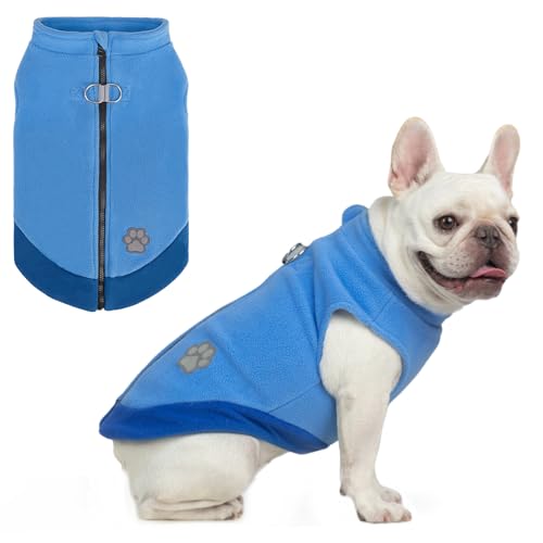 Image of Mihachi Dog Fleece Vest Sweater Zip Up Warm Pullover Step-in Dog Jacket with Dual D-Ring Leash, Winter Cold Weather Reflective Coat Clothes Hoodie for Small Medium Dogs Puppy Cat Boy Girl,Blue L
