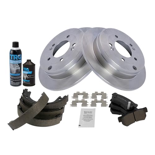 Image of TRQ Rear Brake Pad & Rotor Kit, with Chemical Kit Parking Brake Shoe Set Semi-Metallic Compatible with 2006-2009 Hyundai Azera