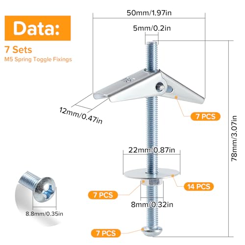 Lyeteung 7 Sets M5 Spring Toggle Fixings, Wing Spring Toggle Bolt and Wing Nut Assortment Kit, with Hex Nuts, Washers - Image 2
