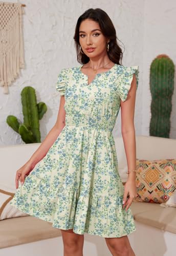 Image of Jayscreate Women's Ruffle Sleeve Layered Dress Pockets Elastic Waist 2025 V Neck Above Knee Summer Casual Cute Dress