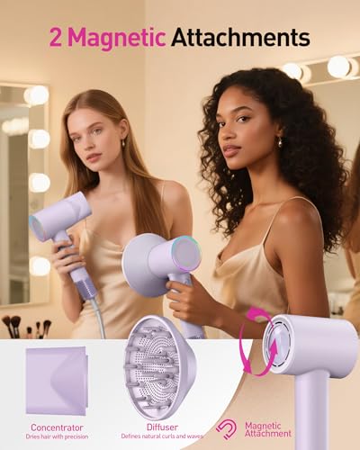 Image of High-Speed Hair Dryer, 160,000 RPM Brushless Motor for Ultra-Fast Drying, 500M Ionic Negative for Frizz Reduce, Low Noise Thermo-Control Blow Dryer with Diffuser for Curly Hair Women and Men,Purple
