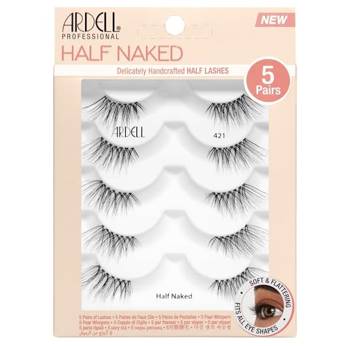 Ardell Half Naked 421 False Eyelashes, Natural Cat Eye False Lashes, Mid Volume & Flare Silhouette, Soft & Lightweight, Pre-Cut Eyelash Strip for Outer Corner Lift, 5 Pairs of Half Lashes