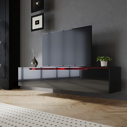 SIRHONA Meuble TV LED, Meuble TV Noir Laqué éclairage LED avec 16 Couleurs Ajustables, Plateau TV Haute Brillance, sur Pied ou Suspendu, pour Le Salon ou La...