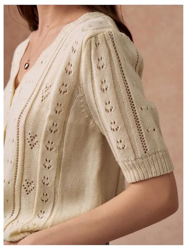 Verdusa Women's Pearl Beaded Button Front Sweater Short Sleeve V Neck Lightweight Knitwear4