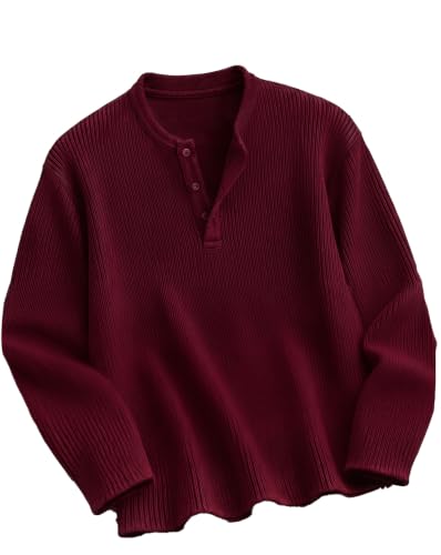 AUSK Men's Premium Frill Texture Henley T Shirt Red Maroon - Image 2