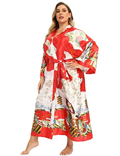 Image of Women's Floral Long Satin Robes Plus Size Long Silk Robes Peacock Floral Kimonos Sleepwear Dressing Gown