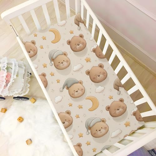 Image of Cartoon Bear Head Pattern Crib Sheets Stretchy Portable Sheets for Baby Toddler Breathable Soft Crib Mattress Sheet for Girls Boys
