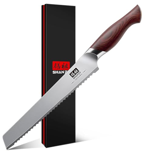 SHAN ZU Bread Knife 8 Inch, Japanese High Carbon 10Cr15Mov Stainless Steel Cake Knife, Razor Sharp Sourdough Slicing Knife, Multifunction Serrated knife for Homemade Bread by SHAN ZU - Used condition - US$23.44