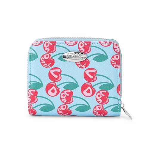 Von Dutch Zip-Up Wallet with ID Window, Vegan Leather, Slim Unisex Design for Men & Women (Cherry - Blue)