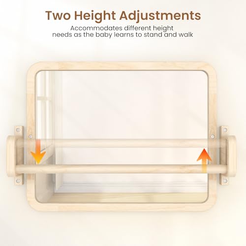 image for Woodtoe Montessori Mirror with Bar, Baby Pull to Stand Toys, Natural W