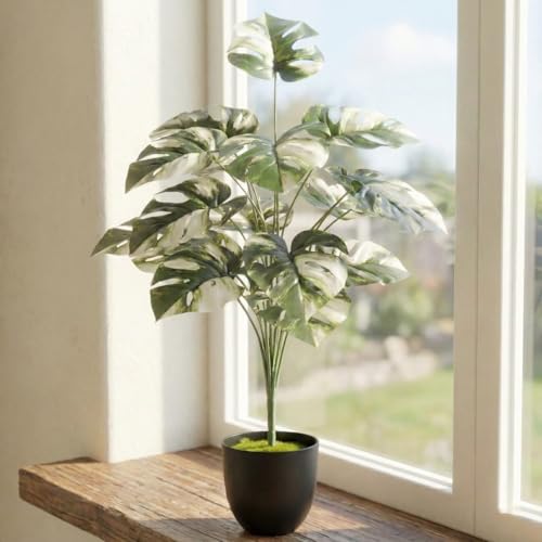 Image of Dekorly Artificial Palm Tree - Large Fake Tropical Floor Plant, Realistic Plastic Greenery for Indoor Home, Office, Living Room & Corner Decor (Variegated Monstera)