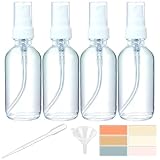 4 Pack 2oz Clear Glass Spray Bottles, Fine Mist Refillable Atomizer for Essential Oils, Perfume, Hair, Face & Travel | Leak-Proof Mini Empty Spritzer Bottles with Labels, Funnel & Pipette (60ml)
