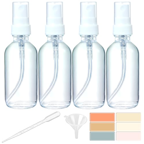 4 Pack 2oz Clear Glass Spray Bottles, Fine Mist Refillable Atomizer for Essential Oils, Perfume, Hair, Face & Travel | Leak-Proof Mini Empty Spritzer Bottles with Labels, Funnel & Pipette (60ml)