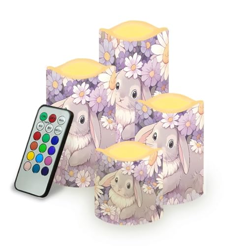 Image of Cute Bunny Puprle Daisy Flickering Flameless Candles with Remote LED Pillar Candles Battery Operated with Timer Color Changing Electric Candles Easter Decoration