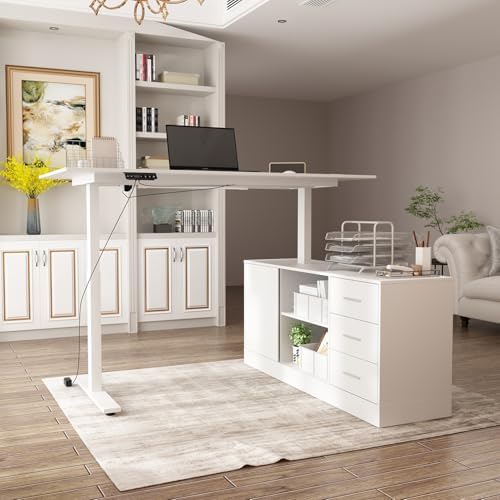 63" W L Shaped Standing Desk with Cabinet, Electric Height Adjustable & Reversible Corner Computer Desk with Drawers & Storage Shelves for Home Office, White - Thumbnail 4
