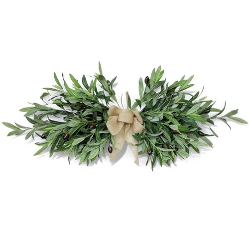 26 Farmhouse Olive Greenery Swag with Burlap Bow Full Artificial Olive Leaf Swag for Front Door Wall Mantel & Table Dcor Realistic Year-Round Greenery Decoration (Green 1Pcs)