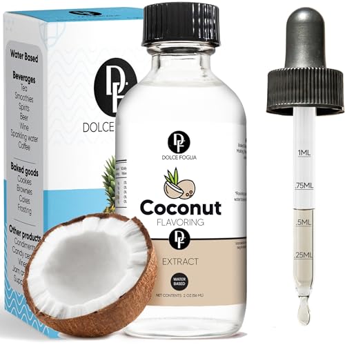 Dolce Foglia Natural Coconut Extract Flavor for Food & Cosmetics | 2 Oz. Water-Soluble, Sugar-Free, Zero Calories Food Flavoring Drops | Multipurpose Flavor Drops for Baking and Beverages | Perfect for Weight Management