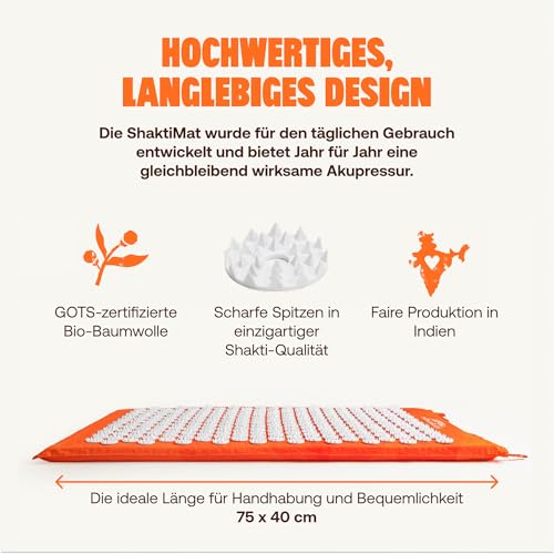 ShaktiMat [Das Original seit 2007] Akupressurmatte zur Entspannung für Rücken, Nacken, Füße, Ethische Handarbeit, GOTS-zertifizierte Bio-Baumwolle, Orange 3