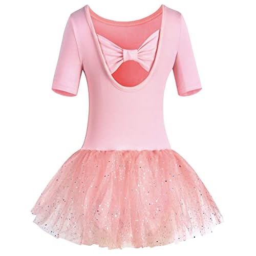 MOLLDAN Girls Dance Leotards for Ballet Dress Shiny Skirt Ruffle Sleeve Crisscross Back