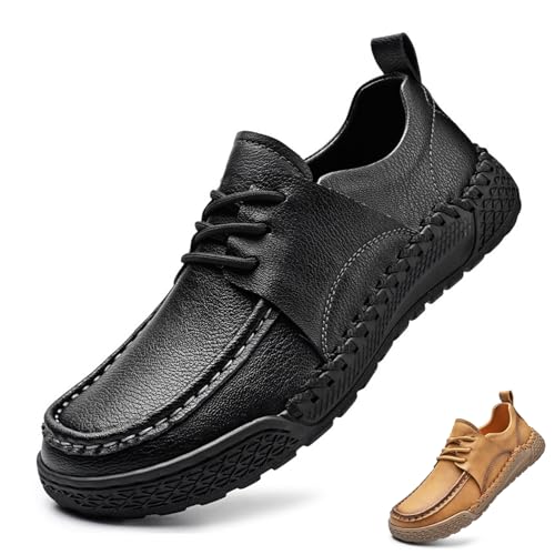 Men's Leather Lace-Up Loafers for Driving Travel & Hiking Hand-Stitched Business Casual Shoes Anti-Slip Rubber Sole Lightweight & Breathable Comfortable Walking Shoes for Men