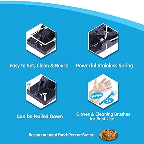 sarkman Mouse Trap for Indoors Outdoor 10 Traps - 50 Pair Glove Set Mice Catcher Professional Strength Repellent Kit for Indoor, Outdoors & Garden. Strong, Small Size Reusable Snap Kill Pest Instantly