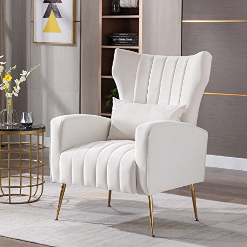 Dm Furniture Modern Accent Chair Velvet Armchair Wingback Single Sofa Side Chair Lounge Chairs With Gold Leg For Living Room Bedroom, Cream #TOP4