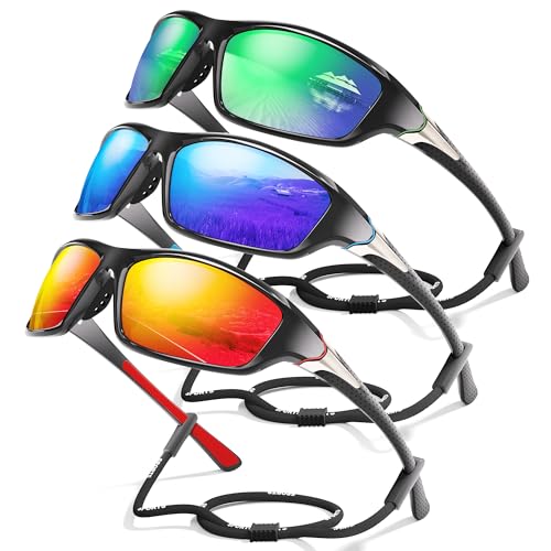 3 Pack Polarized Sports Sunglasses for Men, Mens Sunglasses Wrap Around UV Protection for Cycling Fishing Driving B02-green/Dark Blue/Red
