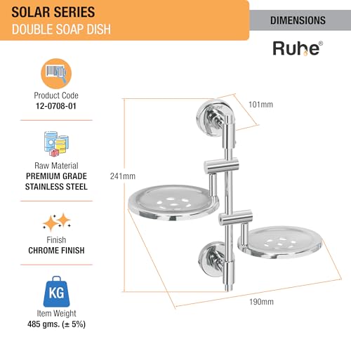Image of Ruhe Solar Soap Dish | Stainless Steel | Wall Mounted | Soap Dish Holder | Double Soap Dish | Soap Try for Bathroom Accessories | Soap Stand | Soap Holder for Bathroom & Kitchen | Chrome Finish