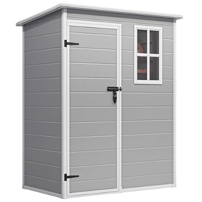 Gizoon 5x3 FT Resin Outdoor Storage Shed with Floor, Waterproof Lockable Storage Shed with Window, Plastic Outside Tool Storage Shed for Garden, Backyard, Patio, Lawn, Gray