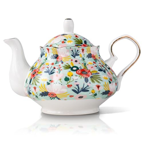 LEAZUL 33.8 oz Porcelain Tea Pot Luxury Gold Trim Floral Ceramic Teapot Waterpot Tea Maker for Blooming Loose Leaf Tea Coffee Milk Chrismas Women Gift Housewarming Home Kitchen Décor (Mint)