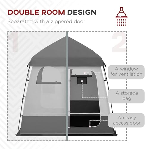 Outsunny Shower Tent, Pop Up Privacy Shelter for Camping, Dressing Changing Room, Portable Instant Outdoor Shower Tent Enclosure w/ 2 Rooms, Shower Bag, Floor and Carrying Bag, Dark Gray