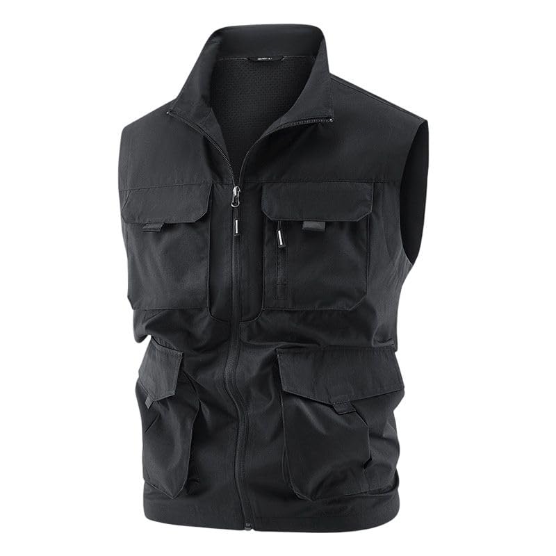 Gilet cargo léger homme avec poches multiples veste sans manches zippée coupe ample