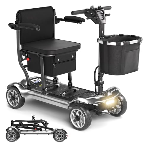 Foldable Mobility Scooter for Adults&Seniors - 43lb Lightweight Portable Motorized Scooters Airport Approved, 4 Wheel Travel Mobility Scooter w/Removable Battery, Dual Basket, 300lb Capacity, Silver