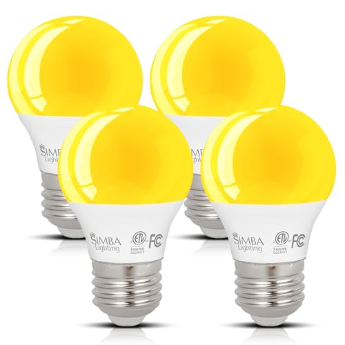 Simba Lighting LED Bug Non-Attracting Yellow Bulb 7W 60W Equivalent (4 Pack), Great for Outdoor Porch Light, Patio, Security, Night Light, Amber Warm Light, Compact A15 Shape E26 Medium Base