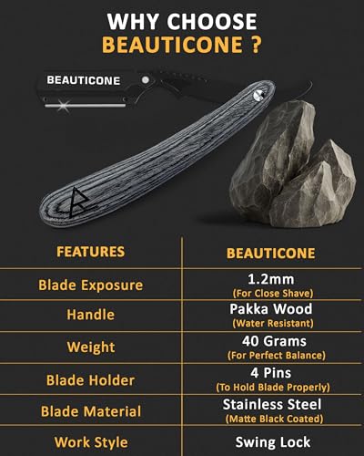 Image of BEAUTICONE Straight Razor for Men, Professional Barber Razor with 100 Single Edge Blades, Straight Edge Single Blade Razors for Men, Wooden Handle