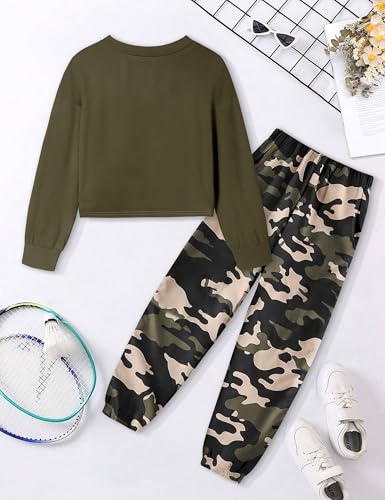 Image of NECIOUS Girls Fall Outfits 2 Piece Fashion Twist Front Pullover Sweatshirt and Camo Pants Clothing Sets 5-14Y