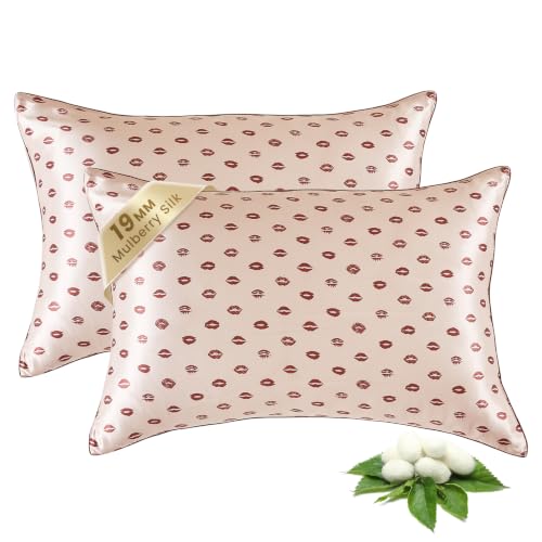 Image of THXSILK Set of 2 Natural Mulberry Silk Pillowcase Hypoallergenic Zipper Pillow Case - Grade 6A+ 100% Pure Mulberry Real Silk Pillowcase (Pink Lipprint, Queen Size 20 inchx30 inch)