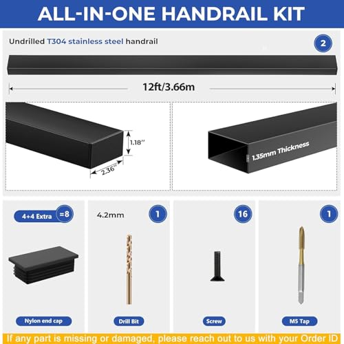 Image of Modular 2Pack 12FT Stainless Steel T304 Black Handrail for Cable Railing with Nylon End Cap Kits, 2.36 inch W x 1.18 inch H Cuttable Flat Handrail Rectangular Top Rail for Stair Railing Indoor Outdoor