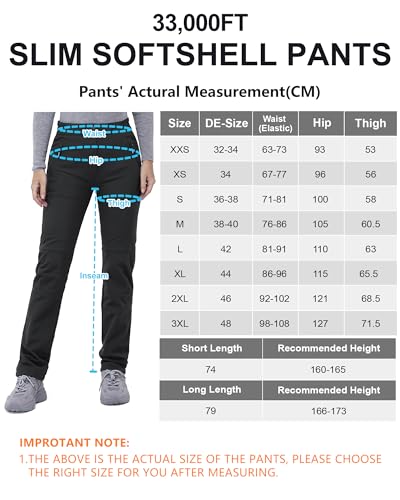 33,000ft Wanderhose Damen wasserdichte Winddichte Thermohose Softshellhose Warm Gefüttert Outdoorhose Winter Skihose Snowboardhose Atmungsaktive Schnelltrocknende Trekkinghose, Schwarz Kurzgröße S