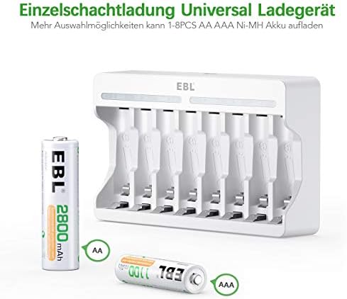 EBL Ładowarka do akumulatorów z 8 bateriami AA 2800 mAh, szybka ładowarka do akumulatorów 8 x NiMH AA/AAA, do wielokrotnego ładowania i urządzeń USB, do zastosowania na całym świecie, 8 przegródek do