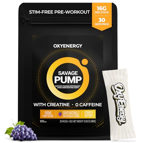 OxyEnergy Max Pump Stim-Free Pre Workout Powder for Men Women, Nitric Oxide Booster, Grape 30 On-The-Go Servings, Support Blood Flow, Performance & Recovery| L-Citrulline, Beta Alanine, Creatine