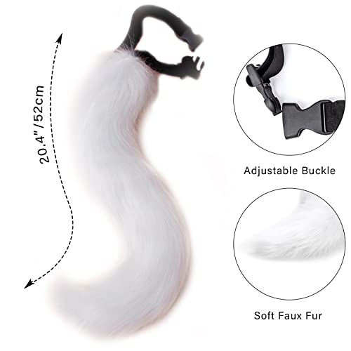 DRESHOW Fox Faux Fur Tail Cat Ears Hair Clip Halloween Party Costume Neck Choker Cosplay Set for Women, Fur Tail Set-16 White - Image 2