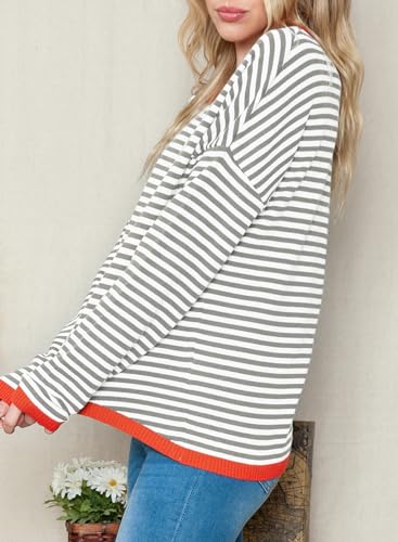 Image of Women's Striped Sweater Long Sleeve Crew Neck Ribbed Knit 2024 Fall Winter Pullover Sweater Tops