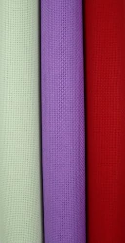 Image of KCS 3 pc of 15 inch x 18 inch(38cmx45cm) Counted Cross Stitch Cotton Aida Cloth Needlework Rolled Fabric Box,14CT,Light Green+Lavender+Red