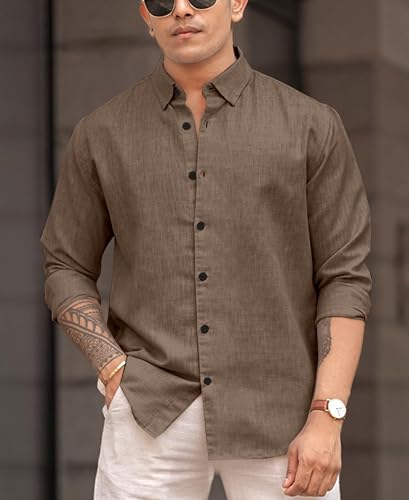Image of Men's Solid Linen Blend Cotton Shirt | Full Sleeve Plain Shirt for Men | Regular Fit Casual & Formal Wear